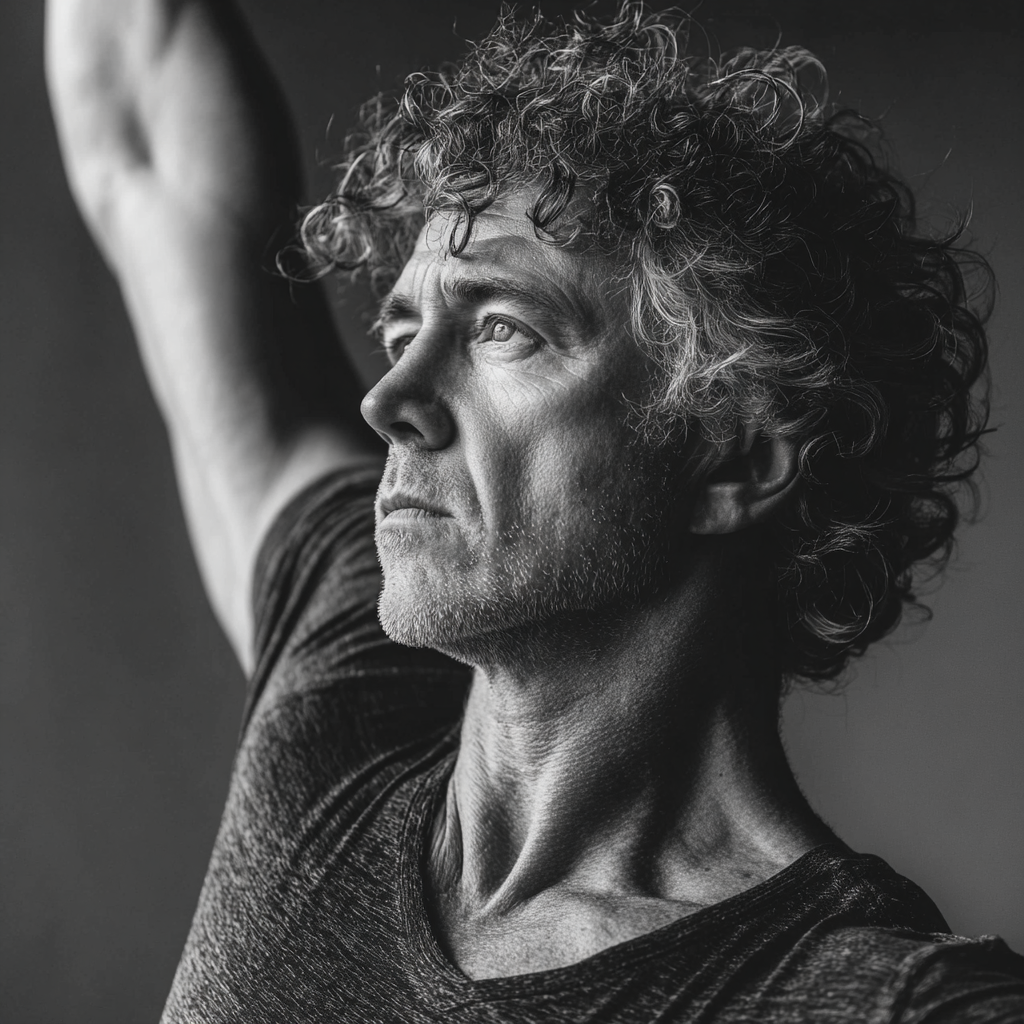 Confident man in his early fifties practicing warrior pose in a bright yoga studio, showing strength and balance with focused expression and proper form
